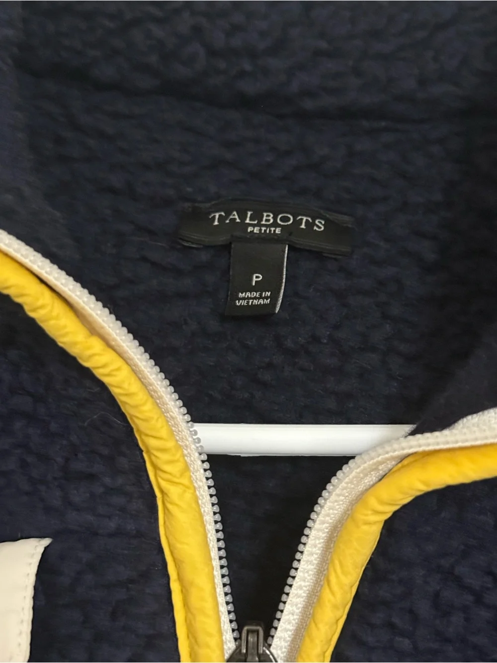 Talbots Navy and White Fleece Jacket with Yellow Trim